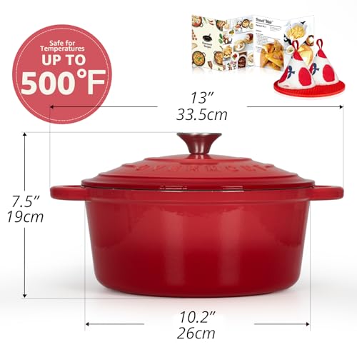 Overmont 26cm/5.2L Enamelled Cast Iron Round Casserole Dish With Lid,5.5QT, Cookbook -Non-stick Dutch Oven for Braising, Stews, Roasting, Bread Baking - Cherry red