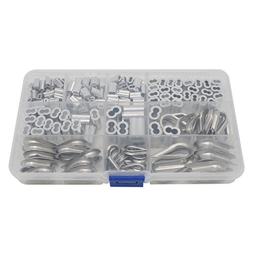 M2 M3 M4 M5 304 Stainless Steel Thimble and 6 Sizes Aluminum Crimping Loop Sleeve Assortment Kit for 1/16" - 3/16" Diameter Wire Rope Cable Thimbles Rigging-215 Pcs