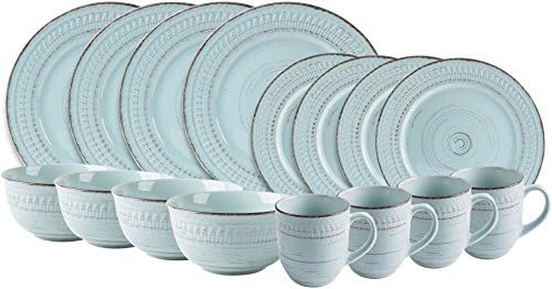 Beautiful 16 Piece Dinnerware Set with Rustic Charm- Service for 4 (Light Blue with Choclate Rim)