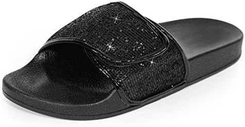 EclaDea Women's Comfy [Waterproof] Slip-On Slide Sandals [Flat Slippers] with Glitter Adjustable Instep Strap with Hook-and-Loop Closure