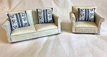 Sm Dolls House White Striped 2 Piece Suite With Blue Floral