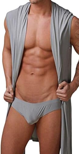 YLnini Men Summer Sexy Silky Sleeveless Short Bathrobes with Hoodie Grey S