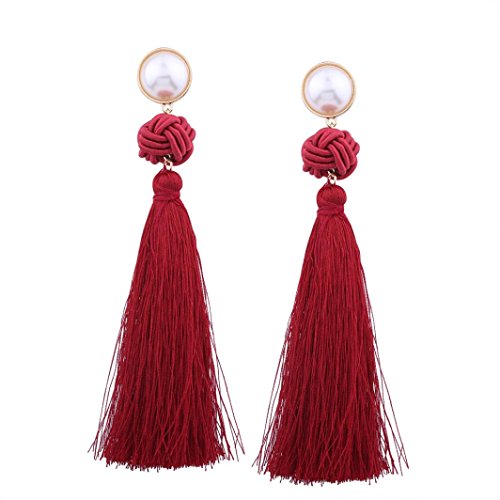 Lethez Women's Weave Tassels Long Dangle Earrings Boho Long Ear Studs Drop Earrings Jewelry (Red)