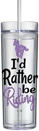 Horse Tumbler with Straw Gifts for Girls I'd Rather Be Riding Bottle Blue 16oz 0086