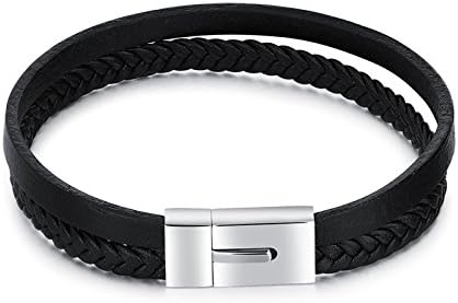 UltimaFio(TM) Charm Black Braided Leather Bracelet Stainless Steel Bracelets &amp; Bangles for Male Jewelry Rope Chain Punk Wristband Gift [2 Layer]