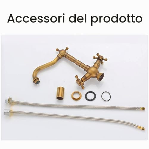 Vintage Kitchen Sink Tap, 360° Rotatable Brass Bathroom Sink Mixer Tap, Double Handle Bathroom Tap, Hot and Cold Tap, with Flexible Hose, Durable Design