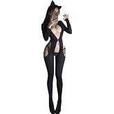 SENJIY sexy cat outfit for women lingerie Cosplay Costume cute High Cutout Bodysuit anime roleplay Babydoll jumpsuit ears Eye Mask set Halloween Catsuit Black