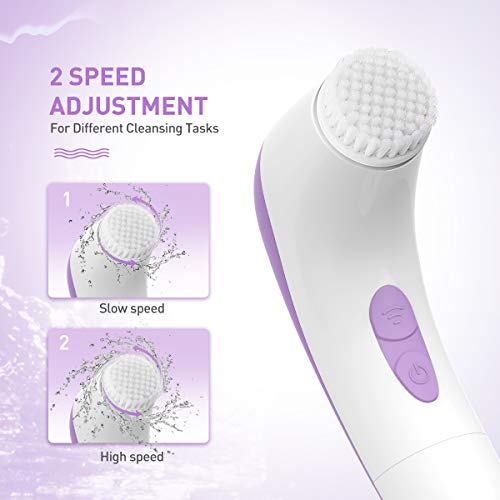 【2019 Upgraded】ETEREAUTY Facial Cleansing Brush, Waterproof Face Brush with 4 Brush Heads and a Protective Travel Case - Deep Cleansing, Gentle Exfoliating, Removing Blackhead for Face, Purple
