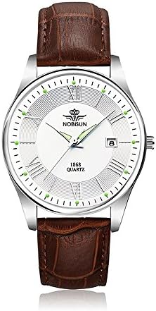 Nobisun Men's 1868YWBR Analog White Dial Quartz Analog Watch with Brown Faux Leather Band Wrist watch