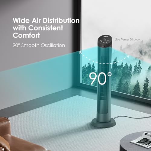 Oraimo 40" Silent Tower Fan with Remote Control 10m, 50W Powerful DC Brushless Motor, 4 Speeds,3 Wind Modes,12H Timer, 90° Oscillation, LED Display, Fan Standing for Bedroom Home Office