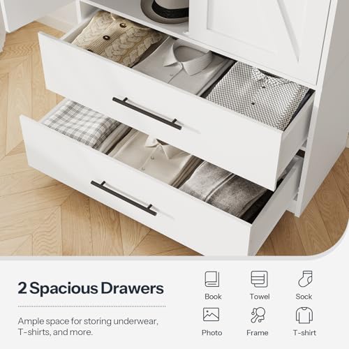 HOOBRO Armoire Wardrobe Closet with 2 Drawers, 180 cm Tall Wardrobe Cabinet with Hanging Rod, 2 Doors Bedroom Armoires, Farmhouse Clothing Storage Cabinet, Wooden Wardrobe for Bedroom, White WT180CW01
