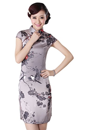 AvaCostume Women's Chinese Bird and Floral Print Split Side Qipao Dress 2 Grey