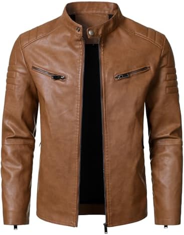 WULFUL Men's Stand Collar Leather Jacket Motorcycle Lightweight