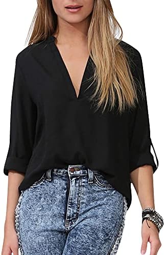 V Neck Cuffed Sleeves Work Blouse Top 
