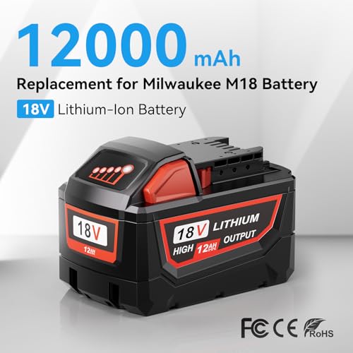 M2CSMK High Output 12.0Ah Replacement for Milwaukee M18 Battery 48-11-1890 48-11-1880 48-11-1860 48-11-1852, M18 Battery Compatible with All Milwaukee 18V Cordless Power Tools (2 Pack)