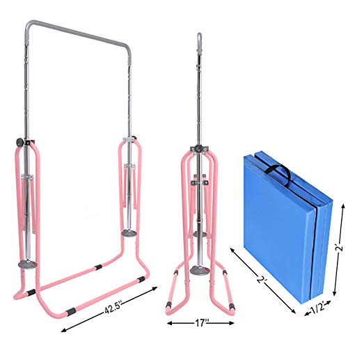 Safly Fun Expandable Gymnastics Bars with Mat Junior Training Bar Gymnastic Folding Horizontal Bars with Mat for Kids(Pink+Mat)