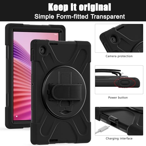 Gerutek Anti-Drop Case for Lenovo Tab 10.1 Inch 2025, (TB-311FU/TB-311XU), Rugged Case with Rotating Stand, Hand/Shoulder Strap, Pencil Holder, Case for Lenovo Tab 2025 10.1 inch WUXGA, Black