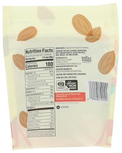 365 BY WHOLE FOODS MARKET, ORGANIC DRY ROASTED & UNSALTED ALMONDS, 10 OUNCE