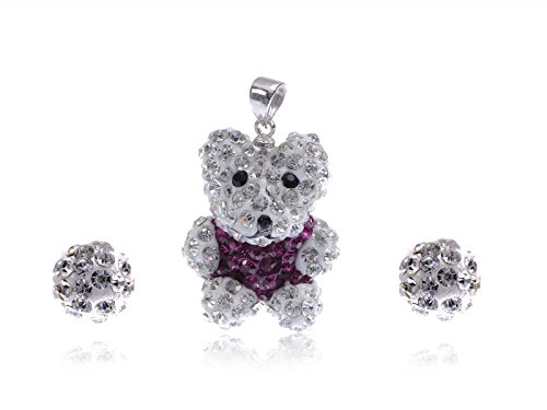 Alilang Cute Clear Violet Rhinestone Happy Sitting Down Teddy Bear Pedant Earring Set