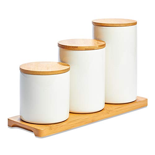 White Ceramic Kitchen Canisters, Set of Three with Real Bamboo Lids and Organizer Tray with Silicon Airtight Seals, for Dry Food Storage, Perfect for Coffee, Tea, Sugar, Spice, Candy, Cookies, Flour