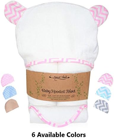 Sweet Child 100% Bamboo Premium Hooded Baby Towel and Washcloth Set for Baby Girl (40"x28", White-Pink Chevron)