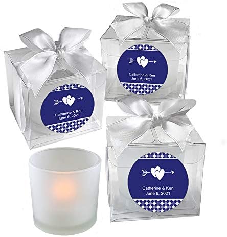 All Things Weddings, PERSONALIZED Votive Tealight Candle and Holder, Double Interlocking Hearts with Bow Design, Party Favors, Weddings, Bridal Party, Quinceanera, Set of 80, Blue