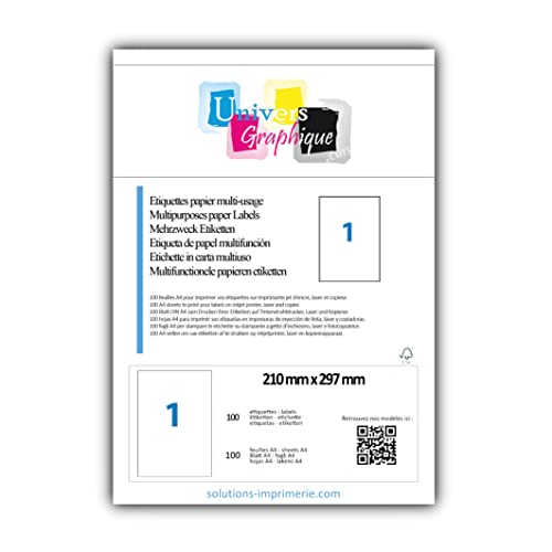 UniversGraphique, 100 Etichette Adesive A4, Colore Bianco, 210 x 297 mm, Ref UGEA4