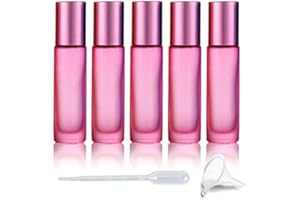 USROMMANER 5 Pack 10ml Colorful Frosted Glass Roll On Bottles,Empty Essential Oil Glass Roller Bottle With Stainless Steel Roller Balls Travel Roll-On Vial with Aluminum Lids-Funnel&Pipette Include (Pink)