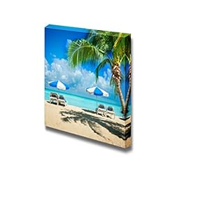 Beautiful Scenery Landscape Vacation and Tourism Concept Sunbeds on The Paradise Beach - Canvas Art Wall Art - 12" x 12"
