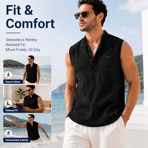 ATRACTIVOLL Camiseta Tirantes Hombre Camisa de Lino Hawaianas Playa Camiseta sin Mangas Henley Transpirable Camiseta Básica Tank Top Tiempo Libre Deporte Chalecos con Bolsillo Gym Gimnasio Fitness