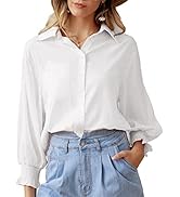 GRACE KARIN Women's Button Down Blouse 3/4 Lantern Long Chiffon Sleeve Shirt Collar Loose Fit Wor...