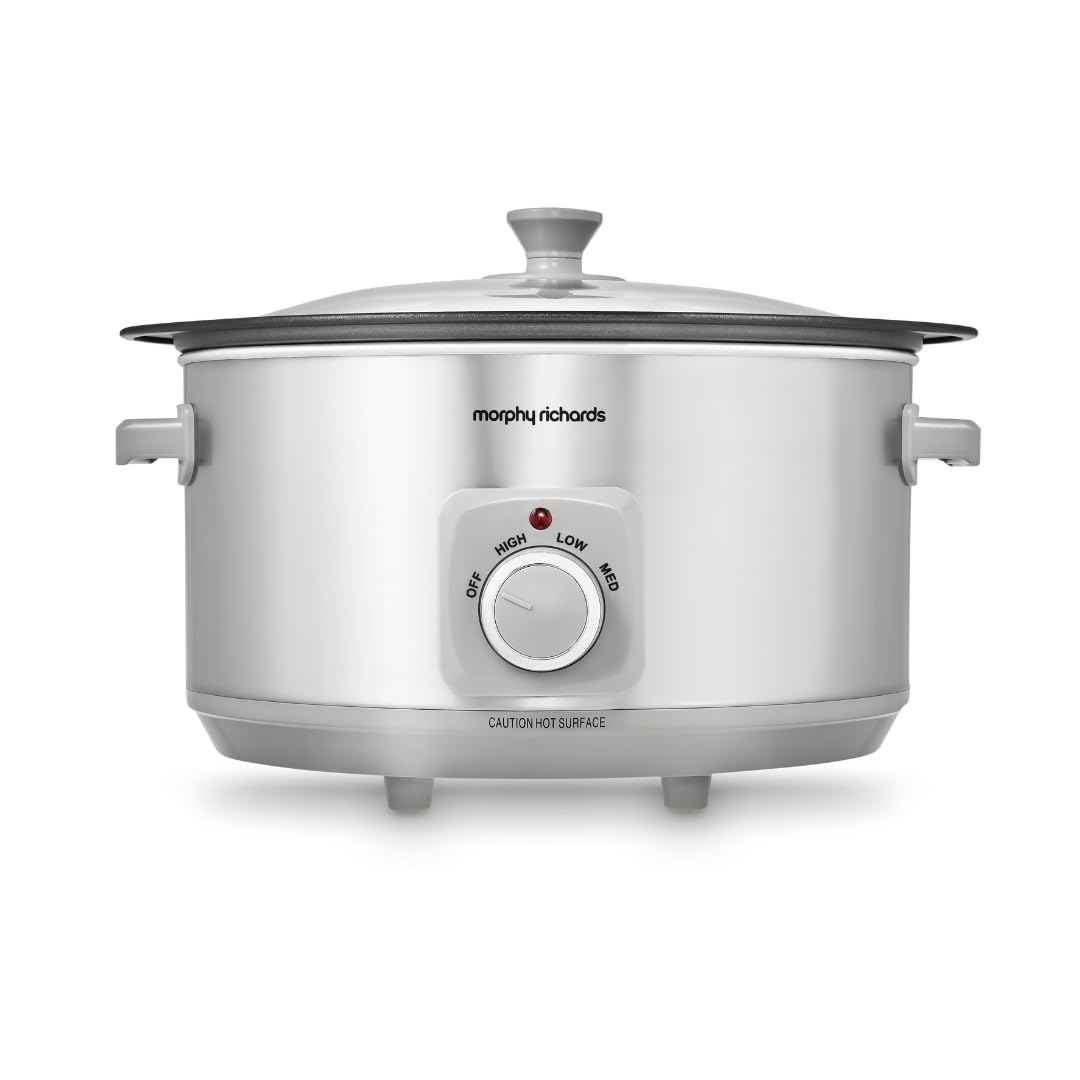 Morphy Richards 6.5L Sear and Stew Slow Cooker, Dishwasher Proof Non Stick Aluminum Pot, 3 Cooking Settings, One-pot Solution, Brushed Stainless Steel, 461014