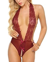 ELOVER Lencería de encaje para dama Deep V Halter One Piece Babydoll Teddy Body