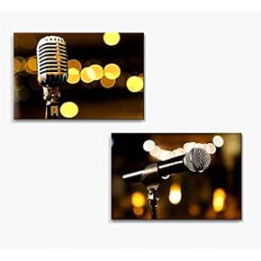 Canvas Prints Wall Art - Music Background with Microphone and Concert Lights | Modern Wall Decor/Home Decoration Stretched Gallery Canvas Wrap Giclee Print. Ready to Hang - 16"x24"x2 Panels