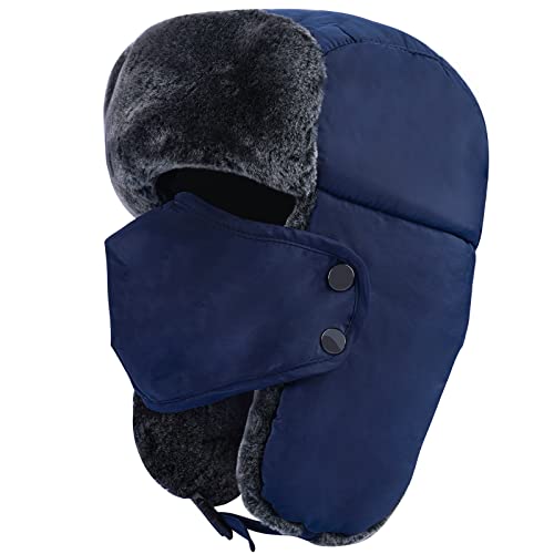 Trapper Hat Winter Hats for Men Women, Russian Warm Trooper Hat with Ear Flaps, Ushanka Bomber Fur Hats with Windproof Mask Blue
