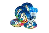 Unicorn party supplies set - Serves 16 guests forks, knives, cups, plates, napkins, tablecloth, happy birthday banner - Birthday party supplies and decorations - Unicorn party tableware set