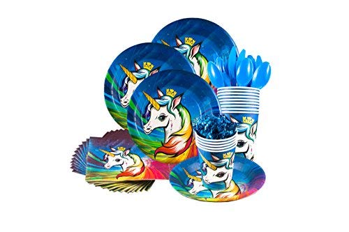 Unicorn party supplies set - Serves 16 guests forks, knives, cups, plates, napkins, tablecloth, happy birthday banner - Birthday party supplies and decorations - Unicorn party tableware set
