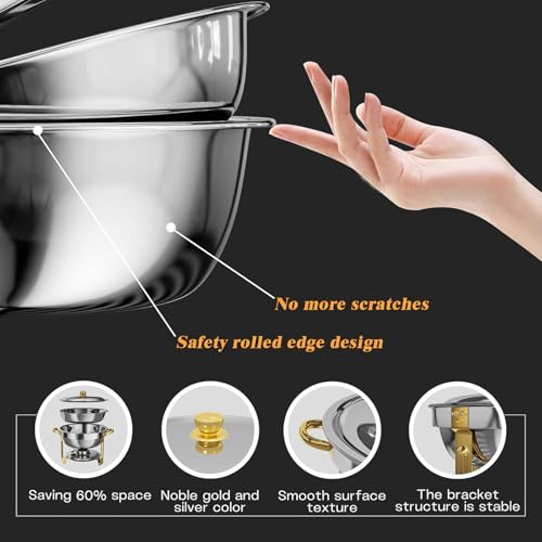 AUUCFW Chafing Dish Buffet Set, 4.5 Liter, Stainless Steel Buffet Set, Round Catering Warmer with Lid Water Tray Holder Fuel Rack Lid Shelf Spoon for Any Party(4 Pcs)