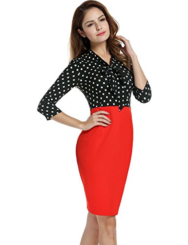 V-Neck Dot Patchwork Package Hip Slim Party Pencil Dress เดรส แฟชั่นชุดทำงาน ANGVNS ผู้หญิง 3/4 Sleeve