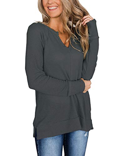 Photo 1 of Herilios Women's Long Sleeve Waffle Knit Tunic Tops Casual V Neck Shirts Loose Fit Pullovers L