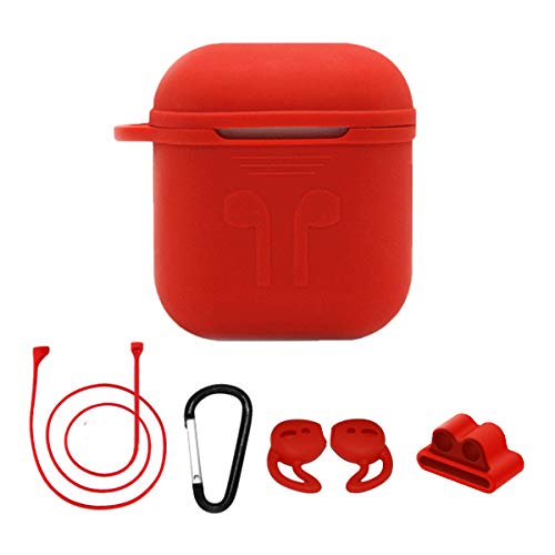 Airpods Case Airpods Accessories Thicken Protective Silicone Cover and Skin with Headphones Ear Hook/Airpods Straps/Watch Band Holder/Keychain (Red) by ONCOMI