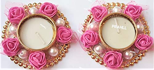 PRAHLL Designer Tea Light Diya/Candle Holder of Artificial Rose Flower Decoration Diwali Diya for Diwali and Festivals and PUJA (Set of 2) (3 INCH Each) (Pink, Metal)