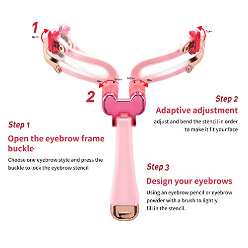 ZRO Eyebrow Stencils Reusable Make Up Eyebrow Template, Folding Adjustable 3 Eyebrow Shapes Stencils Makeup Model Shaping Template Eyebrow Tool (Pink)