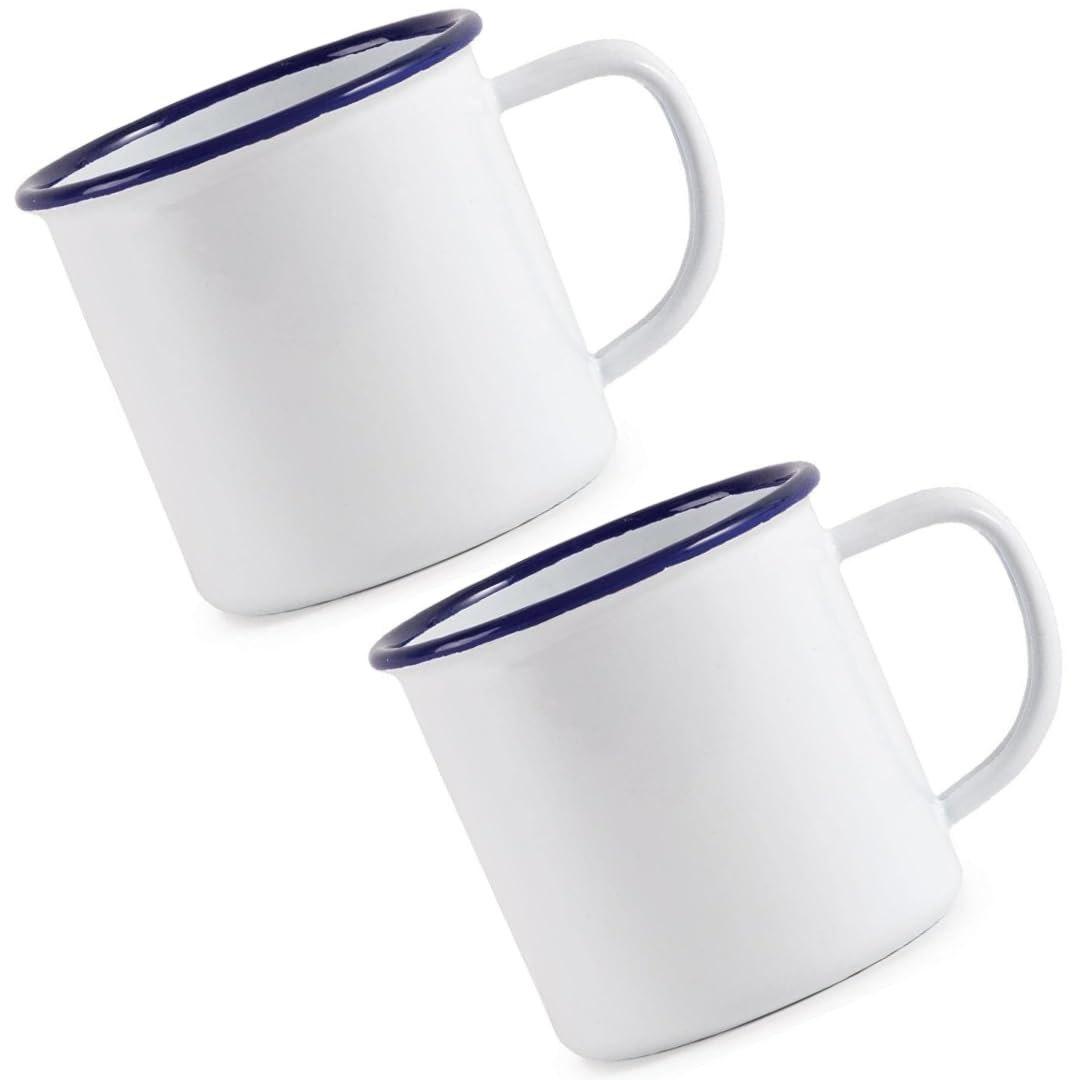 - SET OF 2 - White Enamel Mugs 350ml Vintage Design, Suitable for Oven and Stove, Dishwasher Safe
