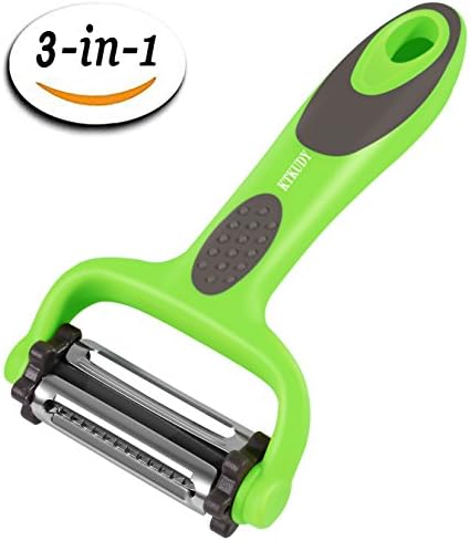 KTKUDY 3-in-1 Y Peeler, Swivel Serrated and Julienne Peeler, Vegetables and Fruits Peeler, Stainless Steel Blade, Green