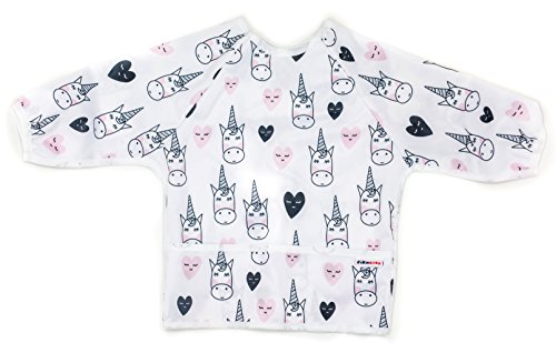Pikababy Long Sleeved Bib Waterproof Bibs with pocket - 6 to 24 months baby girl and boy colors (White Unicorn)