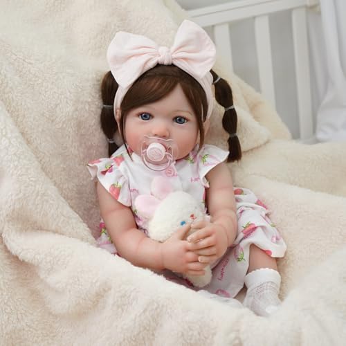 Bebê Reborn Realista Boneca Corpo de Silicone Menina Realista Corpo de Silicone Cabelo Implantado com Acessórios Original Pintada Corpo Realista Olhos Azuis Pode dar Banho 55cm (Menina Coelho 55cm)