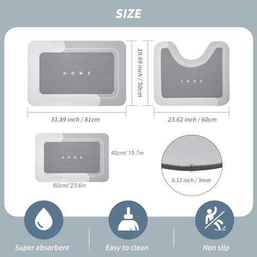 LBOYLOVE Bathroom Mat Set 2 PCS, 50 * 80cm+40 * 60cm+50 * 60cm Toilet Mat Absorbent Quick Drying Mat Silicone Anti Slip Bath Mat Rug Set Floor Door Rubber Kitchen Shower Sink, Light Gray (3 PCS)