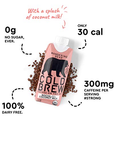 Wandering Bear Organic Cold Brew Coffee On-the-Go 11 oz Carton, Mocha With Splash of Coconut Milk, No Sugar, Ready to Drink, Not a Concentrate (Pack of 6)