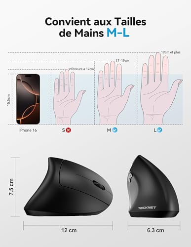 TECKNET Ergonomic Wireless Rechargeable Mouse, Vertical Bluetooth Mouse 3 Modes (BT5.0/3.0+2.4G) 4800 DPI Adjustable, 6 Buttons, Silent Mouse for Computers, Laptops, Mac, PC, Windows